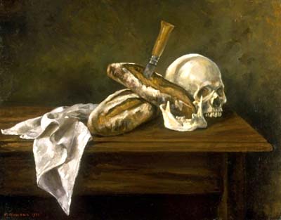 Elsie Russell, Skull and Bread, 1992, oil on linen, 16